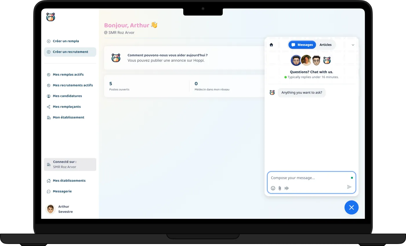 Dashboard Hoppi côté établissement : postes ouverts, candidatures, messagerie